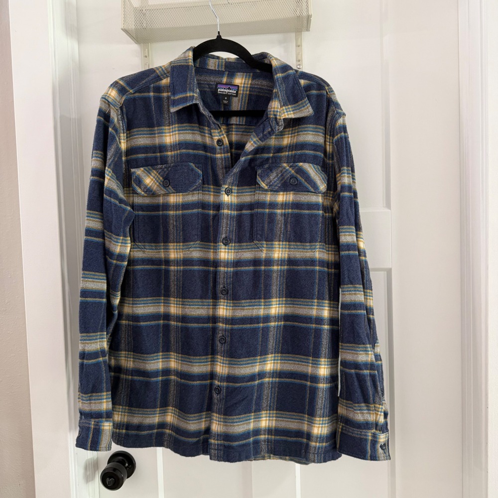 Patagonia Mens Long-Sleeved Fjord Flannel Shirt Navy Yellow Plaid M Gorpcore